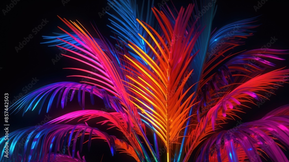 Neon palm tree silhouette on a dark background. A picture of glowing ...