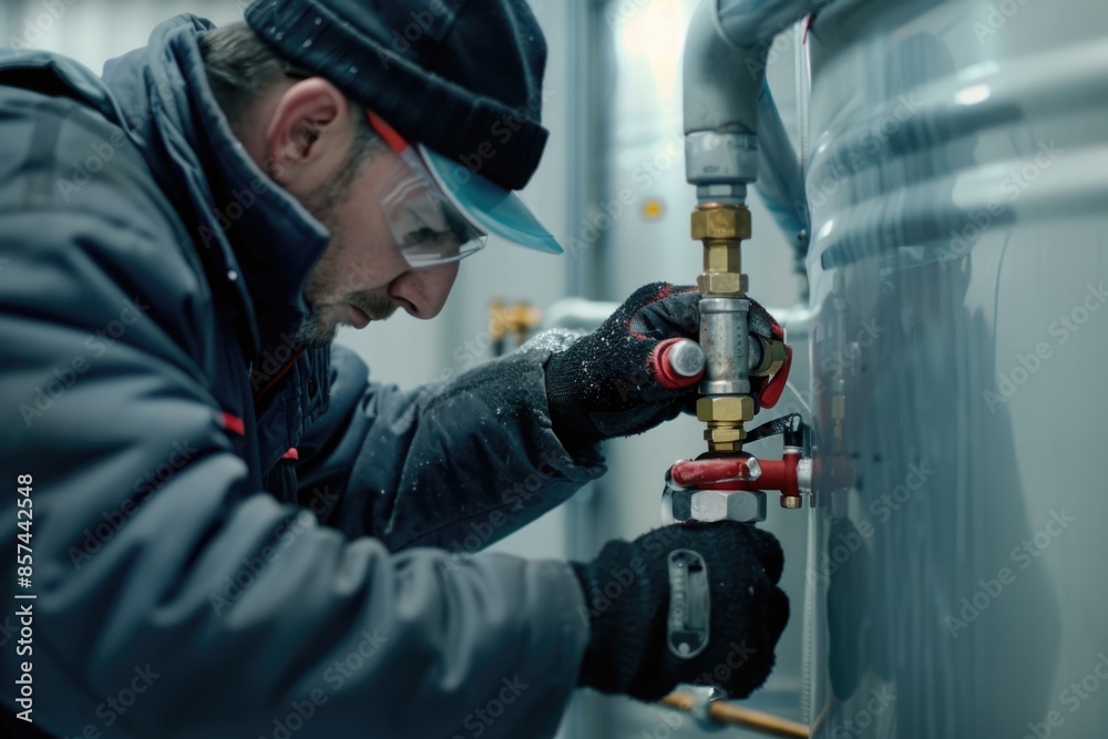 A person is working on a water heater installation or repair A person is working on a water heater installation or repair