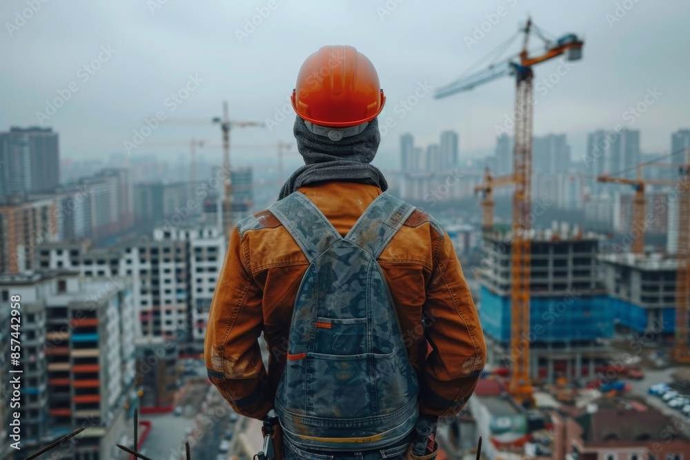 Construction Worker Overlooking Cityscape Construction Worker Overlooking Cityscape