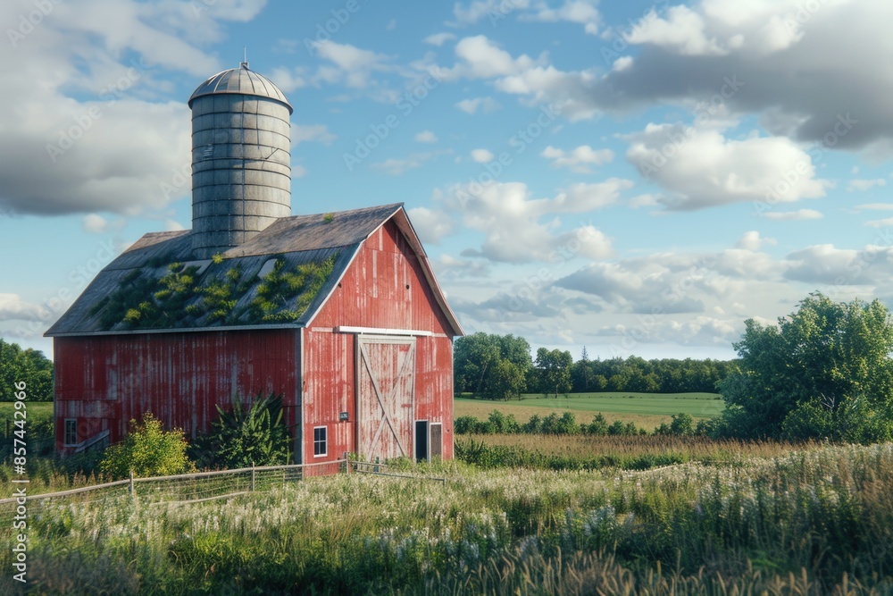 Obraz premium A red barn standing in a green field, with a silo in the background