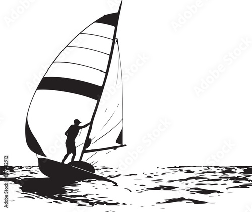 Wind Sailing Sports Silhouette, vector black color silhouette