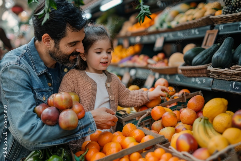 Fototapeta premium Father and Daughter Buying Fresh Produce at Market