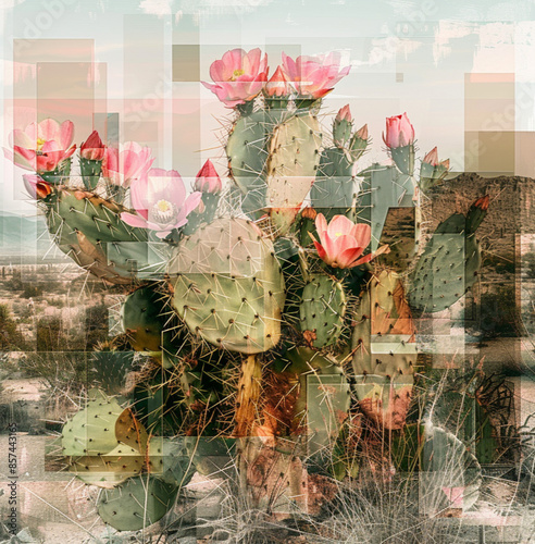 an abstract geometric prickly pear cactus in a desert during a sunny day. prickly pear pink flowers, cactus green, sand and neutral colors. photo