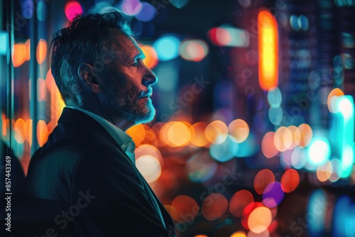 A person standing outside a cityscape at nighttime, possibly lost or waiting for someone