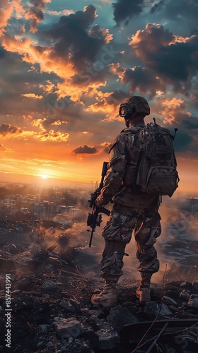 Soldier standing on rubble at sunset, dramatic sky backdrop. Military strength and resilience concept