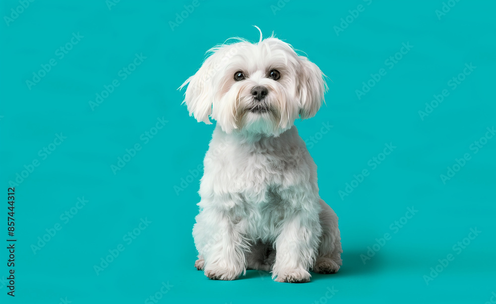Portrait of a small white dog against a teal background. Portrait of a small white dog against a teal background.