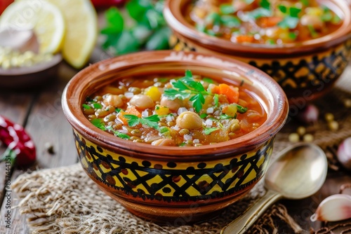 Traditional bowls used for serving Moroccan harira soup photo