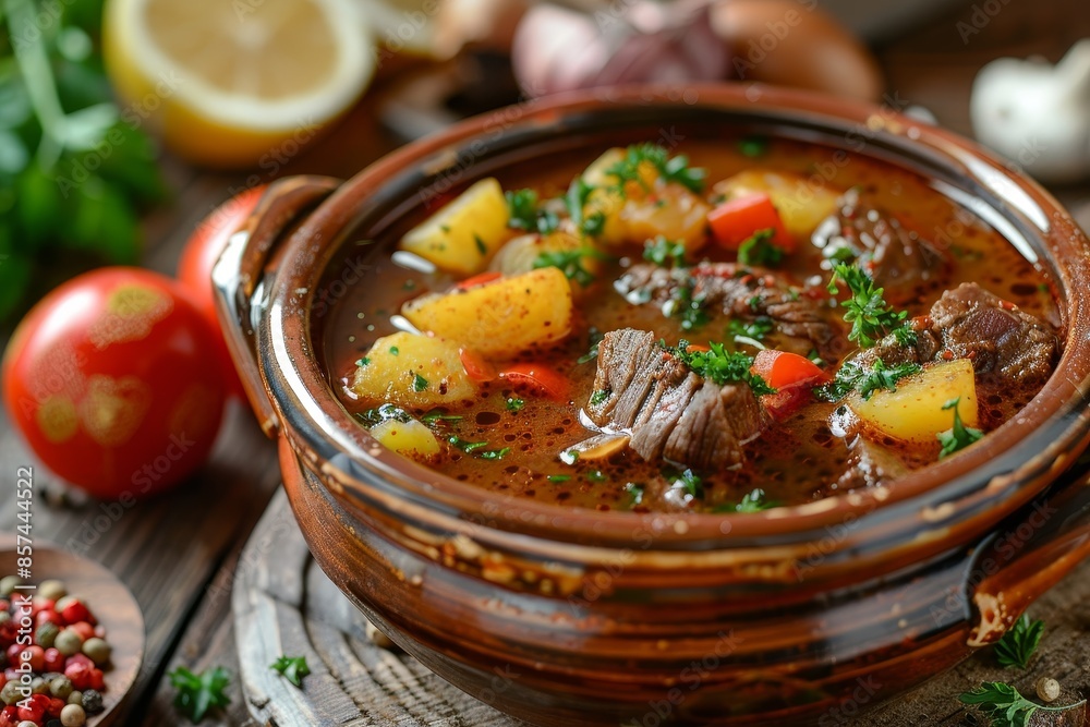 Traditional Hungarian dish beef goulash with chuck steak potatoes and paprika Czech soup and stew with beef Traditional Hungarian dish beef goulash with chuck steak potatoes and paprika Czech soup and stew with beef