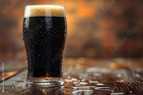 Dark Beer in Tall Glass with Water Droplets on Wooden Table photo