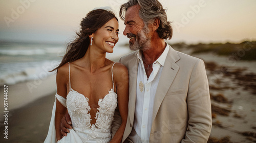 Newly married couple at their wedding, portrait of happy loving couple with age difference. Destination wedding at the beach.