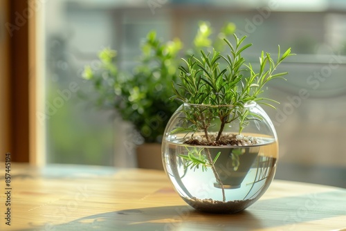 Translucent self watering globe inside potted rosemary plant in kitchen keeps plants hydrated while away photo