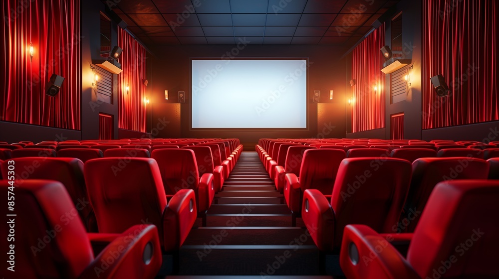 Fototapeta premium Empty cinema auditorium with red seats and blank screen. 3D Rendering