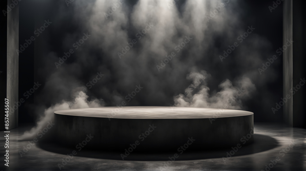 Podium black dark smoke background product platform abstract stage texture fog spotlight. Dark black floor podium dramatic empty night room table concrete wall scene place display studio smoky dust Podium black dark smoke background product platform abstract stage texture fog spotlight. Dark black floor podium dramatic empty night room table concrete wall scene place display studio smoky dust