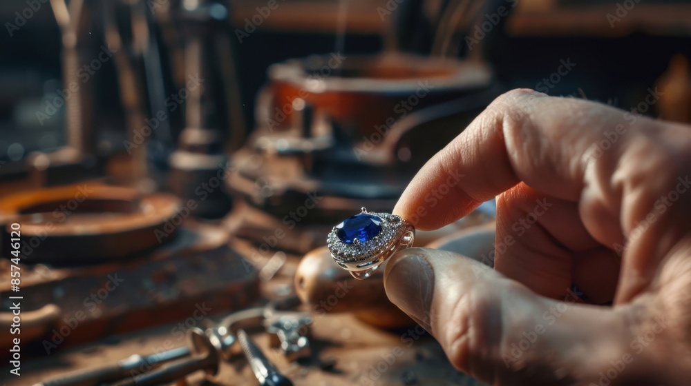 A close-up of a jeweler's hand holding a ring with a large blue sapphire. A close-up of a jeweler's hand holding a ring with a large blue sapphire.