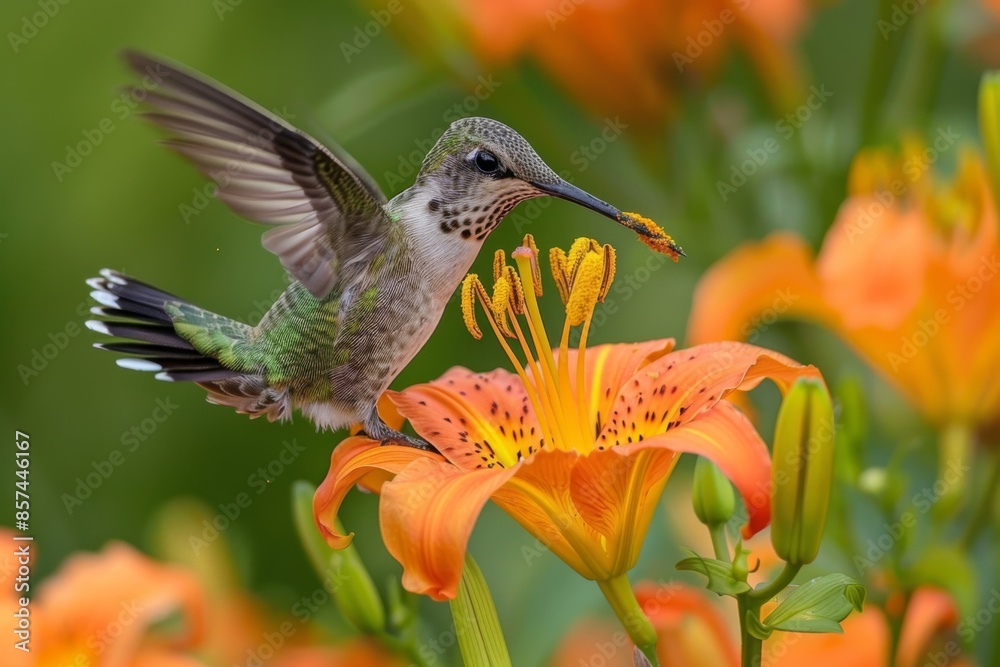 Fototapeta premium Hummingbird Feeding on Orange Lily Flower