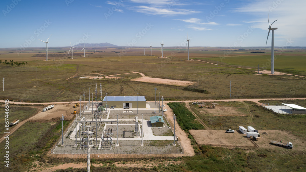 Aerial view of the wind turbine park. Wind energy plants in Argentina. Aerial drone inspection of wind turbines. Aerial view of the wind turbine park. Wind energy plants in Argentina. Aerial drone inspection of wind turbines.