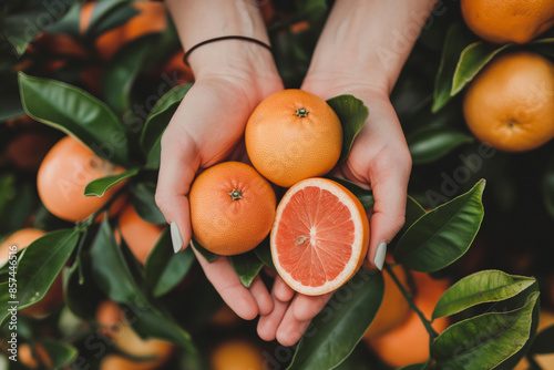 Hands holding fresh oranges,grapefruit in an orchard,surrounded by lush greenery with a vibrant citrus collection.Perfect for visual content related to sustainable agriculture,seasonal harvests