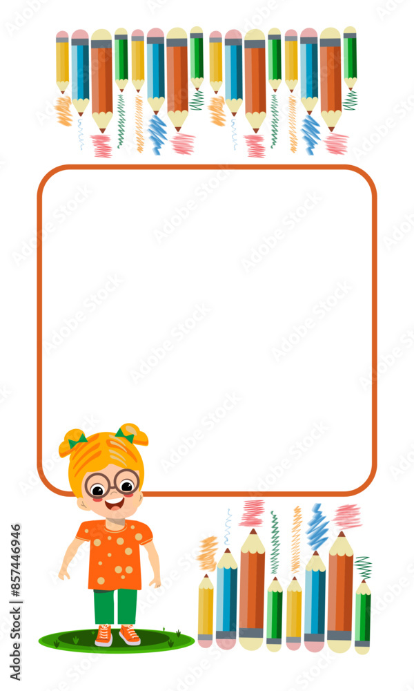 Fototapeta premium Girl with pensils, education concept with leaning backgrund template for web banner