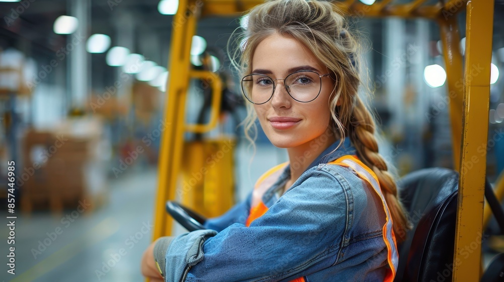 Obraz premium A warehouse worker with a reflective vest and jeans operates a forklift among shelves stacked with inventory in a high-ceiling warehouse, representing diligence and precision.