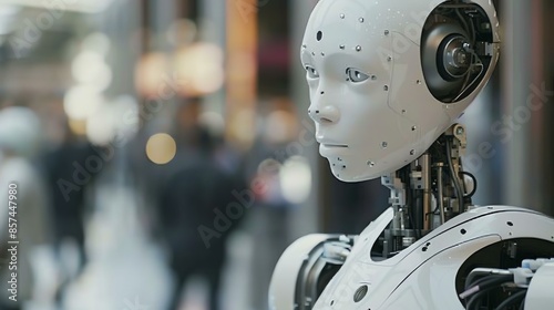 A close-up of a female robot's face. The robot is looking to the right of the frame. It has a white face with black eyes and a silver mouth. © Farm
