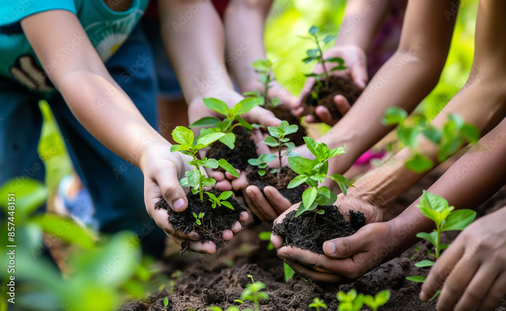 People holding young plants in soil, symbolizing teamwork in gardening or environmental conservation.