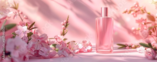 Perfume bottle with pink flowers in soft sunlight, romantic and elegant concept
