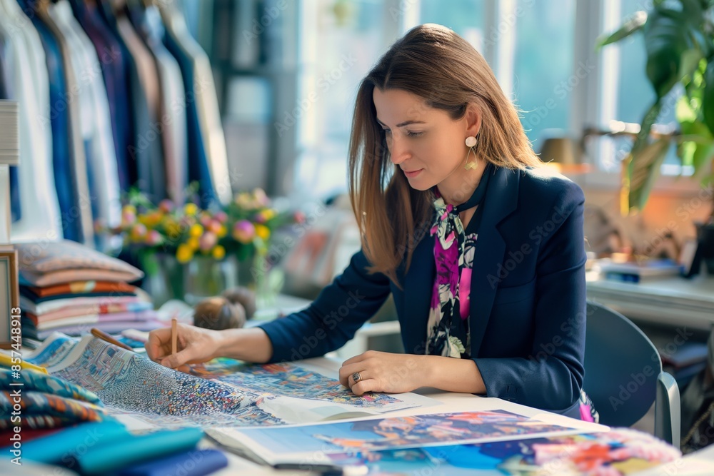 A fashion designer deeply focused on creating new patterns in a vibrant, well-organized studio. A fashion designer deeply focused on creating new patterns in a vibrant, well-organized studio.