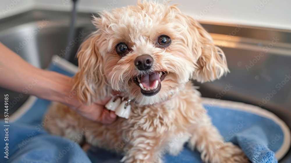 A happy dog with curly fur sits on a blue towel during a grooming session, showcasing the care and love pets receive from their owners for cleanliness and health. A happy dog with curly fur sits on a blue towel during a grooming session, showcasing the care and love pets receive from their owners for cleanliness and health.
