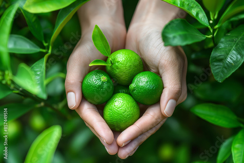 Hands cradle fresh, green, organic limes in a garden setting. These healthy, naturally-grown fruits are farm-fresh produce. photo