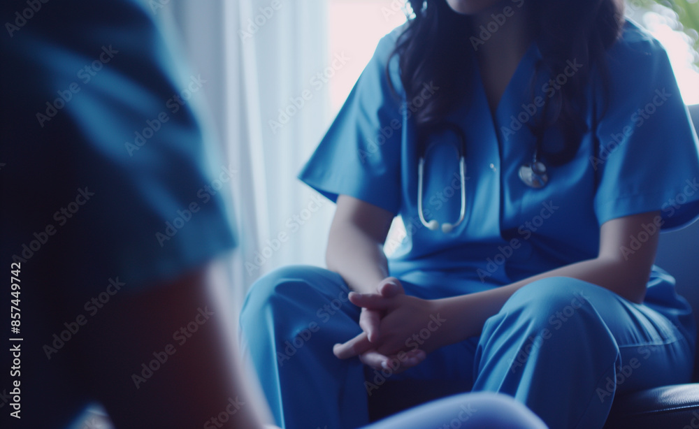 A nurse in scrubs with hands clasped, showing a stethoscope around the neck. A nurse in scrubs with hands clasped, showing a stethoscope around the neck.