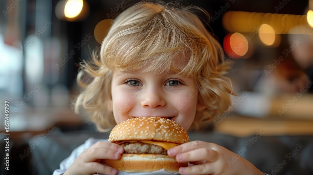 Blond curly-haired child happily enjoying a burger at a welcoming and modern urban restaurant, symbolizing the joy of childhood and the enjoyment of food. Blond curly-haired child happily enjoying a burger at a welcoming and modern urban restaurant, symbolizing the joy of childhood and the enjoyment of food.