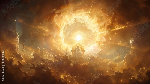 Majestic depiction of God seated on a golden throne in the heavens, enveloped by a halo of light and attended by angels