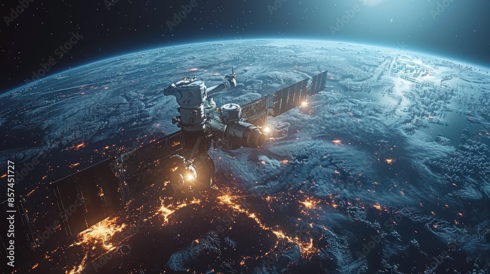Space Station Orbiting Earth with City Lights Space Station Orbiting Earth with City Lights