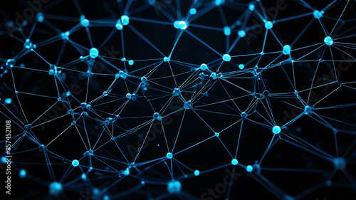 A geometric web of interconnected lines and dots, predominantly in shades of blue. The pattern should form hexagons or triangles, creating a sense of organized complexity. The lines and dots should gl