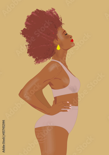 femme noire cheveux afro posture fière maillot de bain sous-vêtements vergetures corps formes