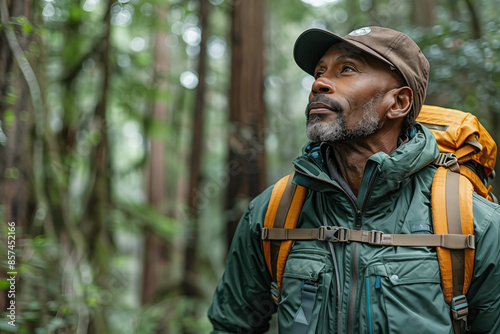 Mature black man in hiking gear looking up in awe while exploring lush forest. Concept of adventure, nature appreciation, and outdoor recreation for older adults.