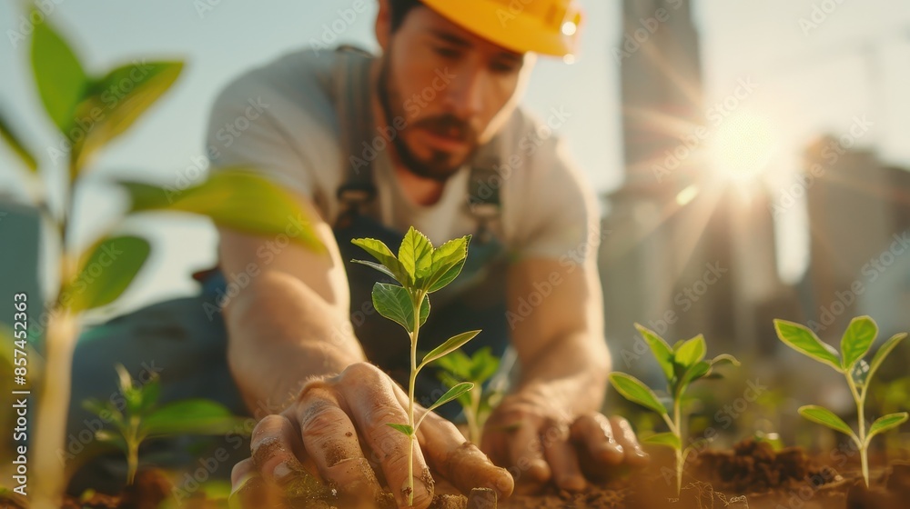 Fototapeta premium Landscaper Carefully Planting Saplings in Urban Setting