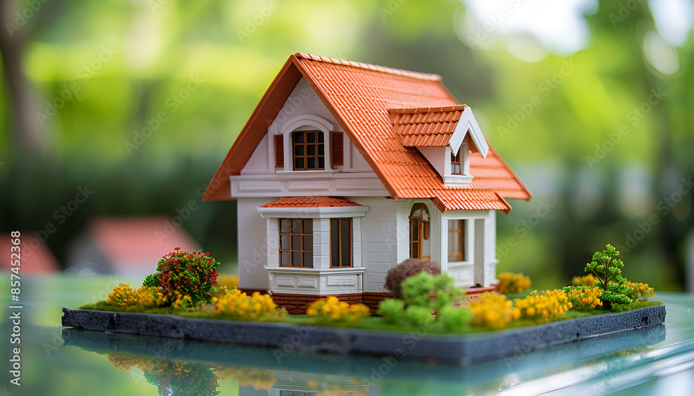 House model with real estate agent and customer discussing for contract to buy house, insurance or loan real estate background House model with real estate agent and customer discussing for contract to buy house, insurance or loan real estate background