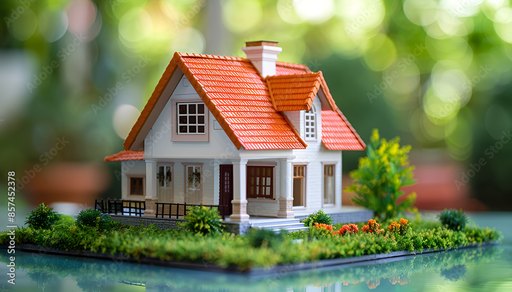 House model with real estate agent and customer discussing for contract to buy house, insurance or loan real estate background House model with real estate agent and customer discussing for contract to buy house, insurance or loan real estate background