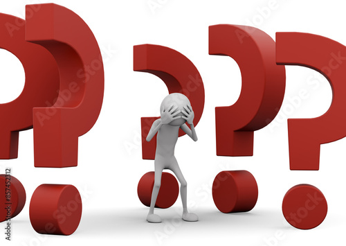 3D Man doesn't know the answer. Many questionsmarks standing on the floor around the 3d man.