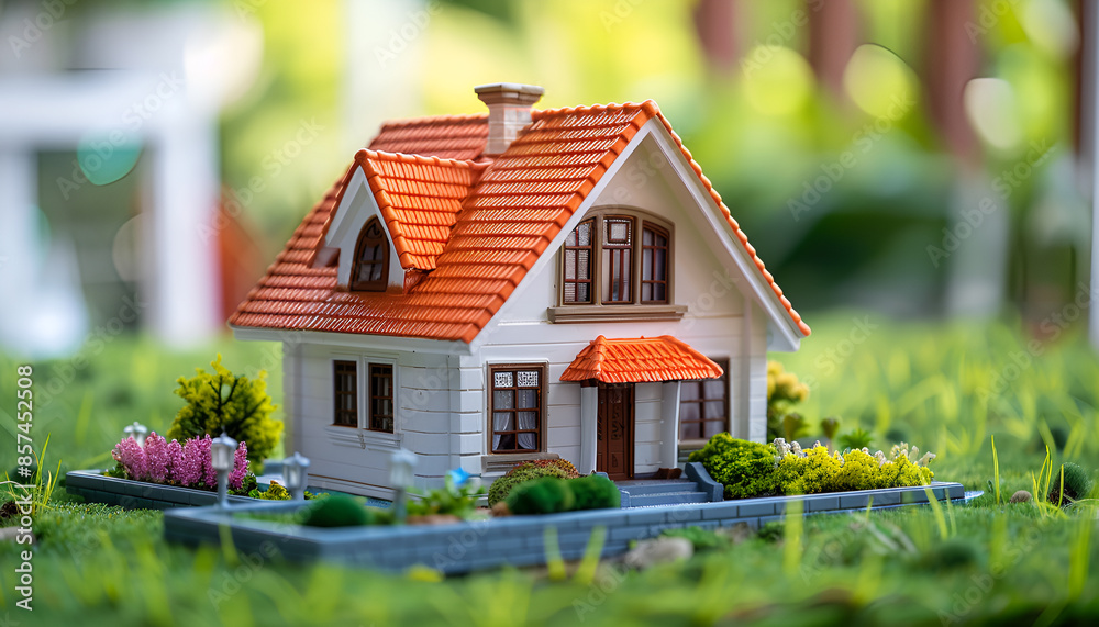 House model with real estate agent and customer discussing for contract to buy house, insurance or loan real estate background House model with real estate agent and customer discussing for contract to buy house, insurance or loan real estate background
