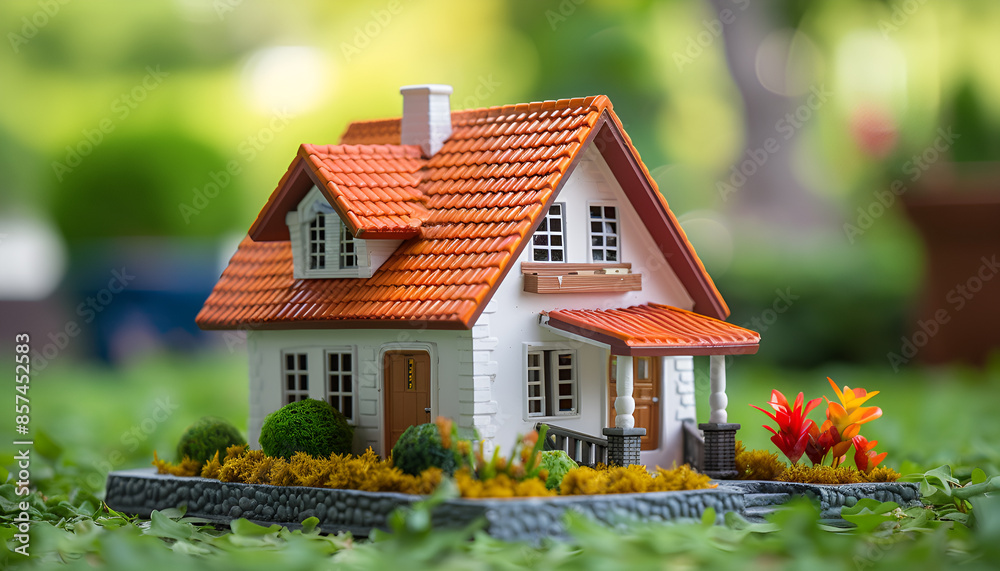 House model with real estate agent and customer discussing for contract to buy house, insurance or loan real estate background