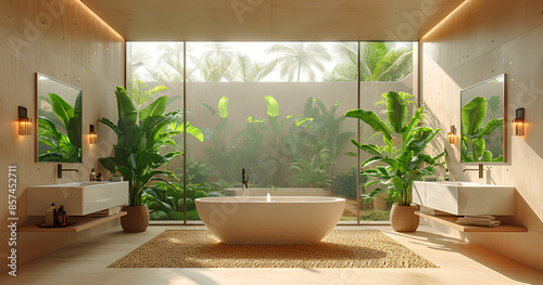 minimalistic interior of the bathroom in the apartment with a deep bathtub © Jula Isaeva 