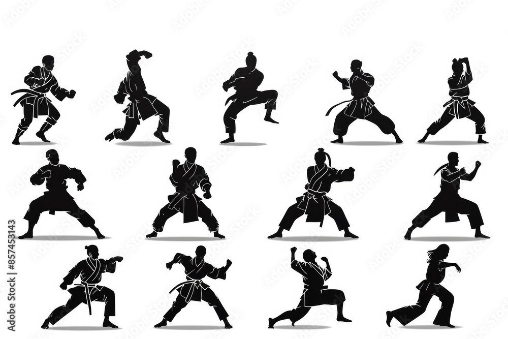 Black silhouette figures performing karate moves, ideal for use in martial arts or sport-themed contexts