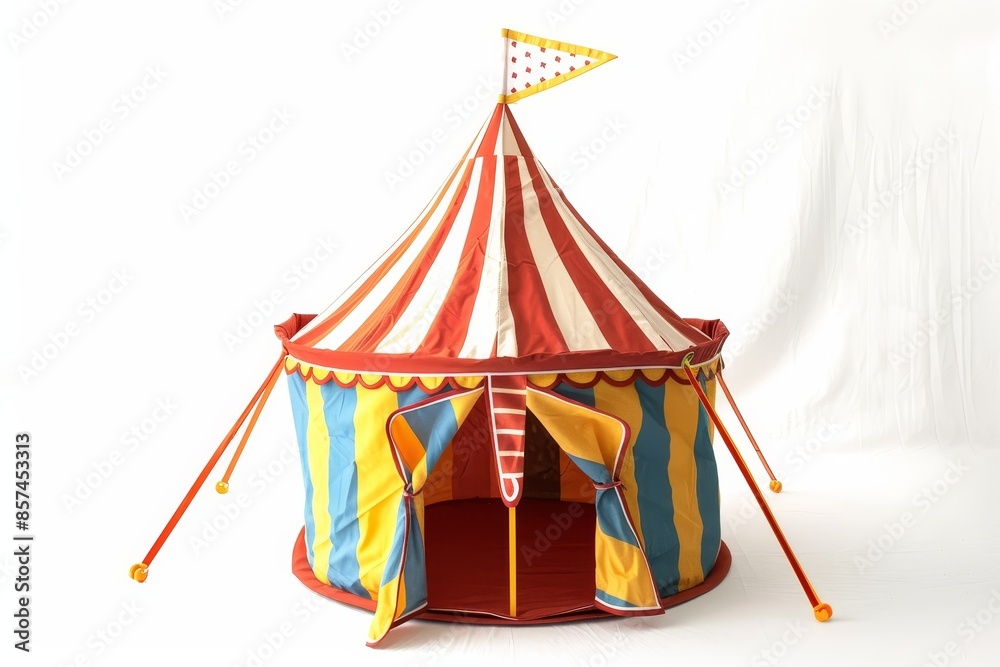 Unfold striped circus tent for kids with flag on white background Unfold striped circus tent for kids with flag on white background