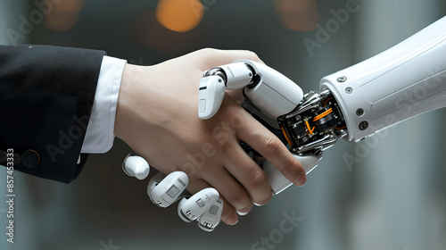 Human and robot hand shaking, symbolizing the integration of artificial intelligence and human collaboration in modern technology. Concept of AI, partnership, and futuristic innovation. 