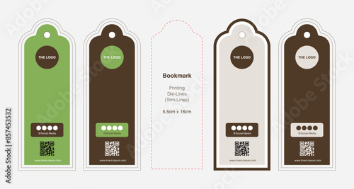 Bookmark Design with Green and Brown Color Scheme, Social Media Icons, and QR Code
