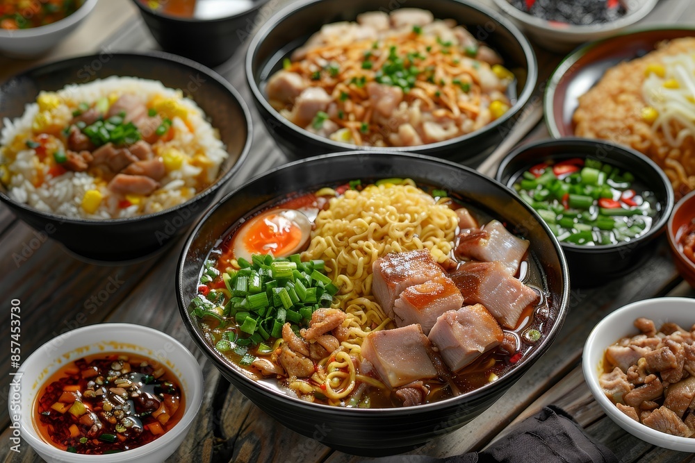 Various noodle and rice dishes with pork and chili sauce on a wooden table traditional Taiwanese cuisine Various noodle and rice dishes with pork and chili sauce on a wooden table traditional Taiwanese cuisine