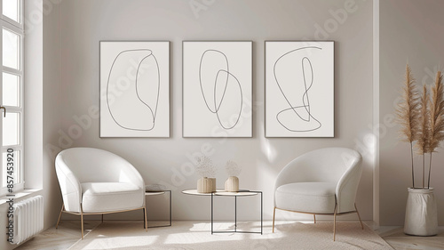 Set of Three Line Art Posters with Minimal Color Accents