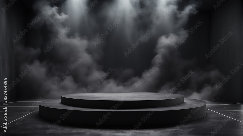 Podium black dark smoke background product platform abstract stage texture fog spotlight. Dark black floor podium dramatic empty night room table concrete wall scene place display studio smoky dust Podium black dark smoke background product platform abstract stage texture fog spotlight. Dark black floor podium dramatic empty night room table concrete wall scene place display studio smoky dust